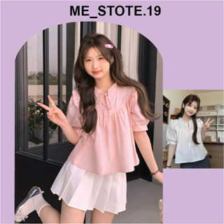 Áo babydoll ngắn tay bèo cổ buộc nơ thân trước bổ cúp V bồng nhún phong cách Hàn Quốc