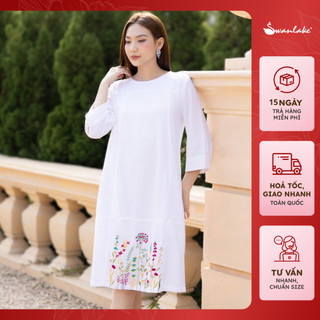  - Váy Đầm Suông Che Khuyết Điểm Vải Linen Thêu Họa Tiết Hoa Cổ Tròn Tay Lỡ Sơ Mi Tặng Mẹ Swanlake - D11261