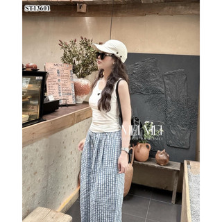 Set áo ba lỗ trắng mix quần kẻ dài xanh