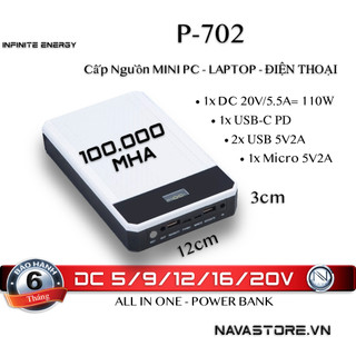 Sạc dự phòng 100000 mah P-702 cấp nguồn cho Mini PC, Laptop, Điện Thoại gọn + nhẹ kèm 10 đầu 100.000