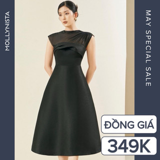 MOLLYNISTA (CHÍNH HÃNG) Đầm Sarah phối von nhún vai thanh lịch quyến rũ nữ tính thiết kế cao cấp đi chơi đi tiệc