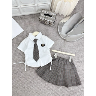 [Ongkis]Sét bộ học sinh cà vạt +cv kẻ phong cách hàn cho bé gái 15-32kg