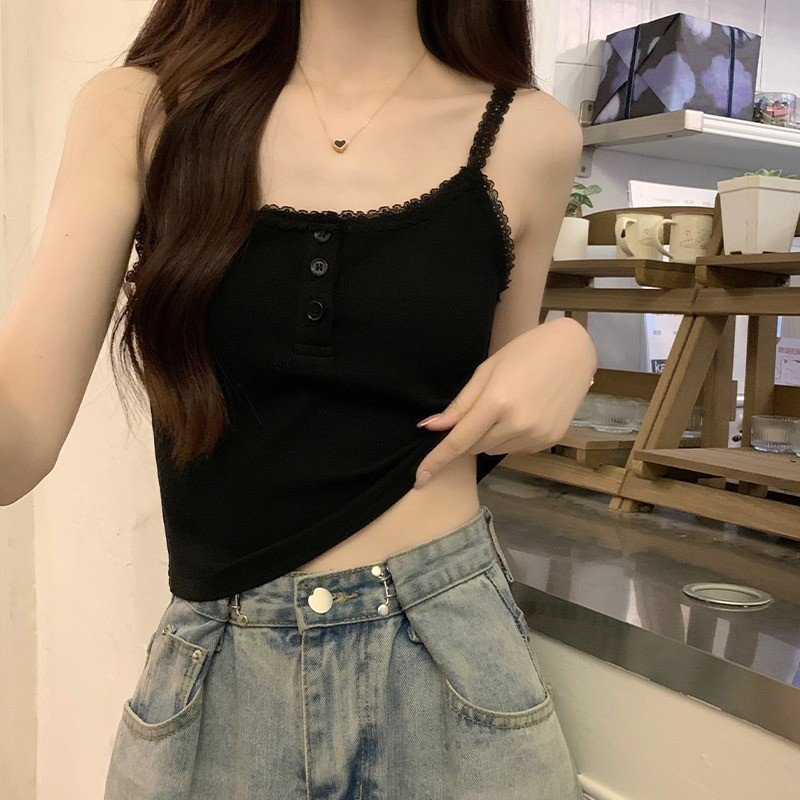 Áo 2 dây croptop nữ viền ren gợi, áo 2 dây nữ phối cúc bấm phong cách quyến rũ chất thun bozip dày dặn ôm body HA503 | BigBuy360 - bigbuy360.vn