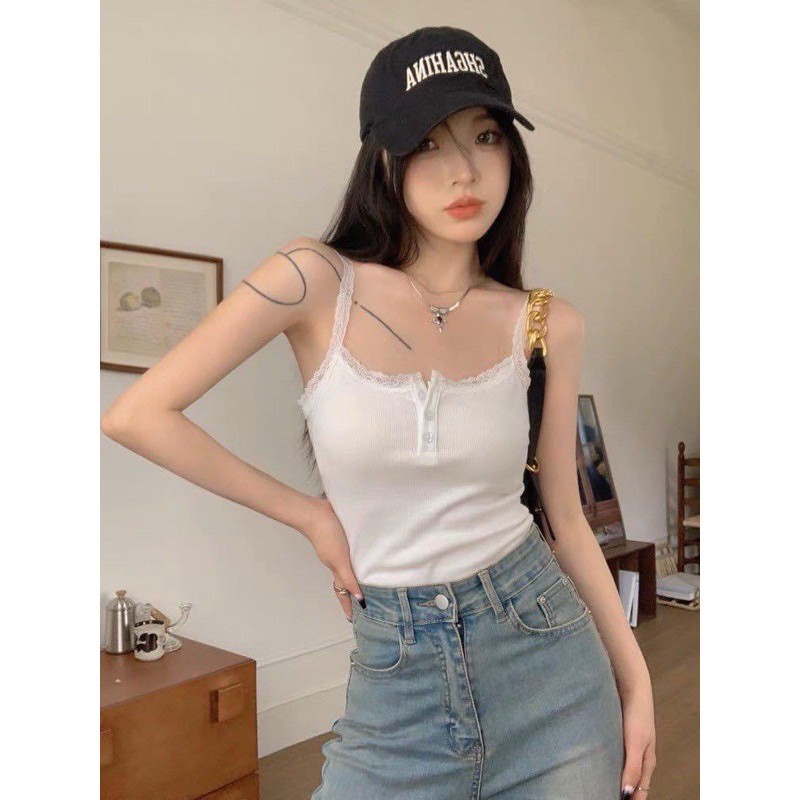 Áo 2 dây croptop nữ viền ren gợi, áo 2 dây nữ phối cúc bấm phong cách quyến rũ chất thun bozip dày dặn ôm body HA503 | BigBuy360 - bigbuy360.vn