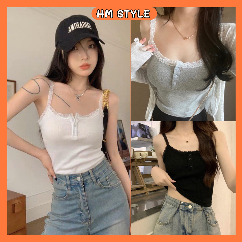 Áo 2 dây croptop nữ viền ren gợi, áo 2 dây nữ phối cúc bấm phong cách quyến rũ chất thun bozip dày dặn ôm body HA503 | BigBuy360 - bigbuy360.vn