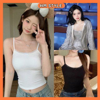Áo hai dây nữ đính nơ phối ren, áo 2 dây dáng crotop chất thun bozip hot mùa hè HA306
