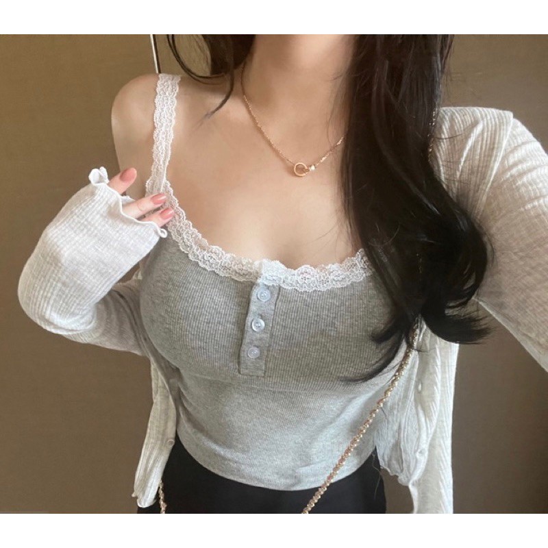 Áo 2 dây croptop nữ viền ren gợi, áo 2 dây nữ phối cúc bấm phong cách quyến rũ chất thun bozip dày dặn ôm body HA503 | BigBuy360 - bigbuy360.vn