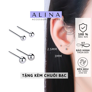 Bông Tai Bạc 925  Bi Tròn Không Đá Đơn Giản Nam Nữ Unisex Đeo Vành Tai 0408 C8