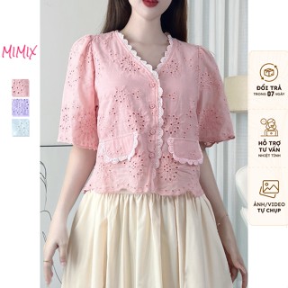 Áo Boi Thêu MIMIX Dáng Baby Doll Cổ V Tay Ngắn Viền Ren Phối Túi 3 Màu Nữ Tính EJ3175