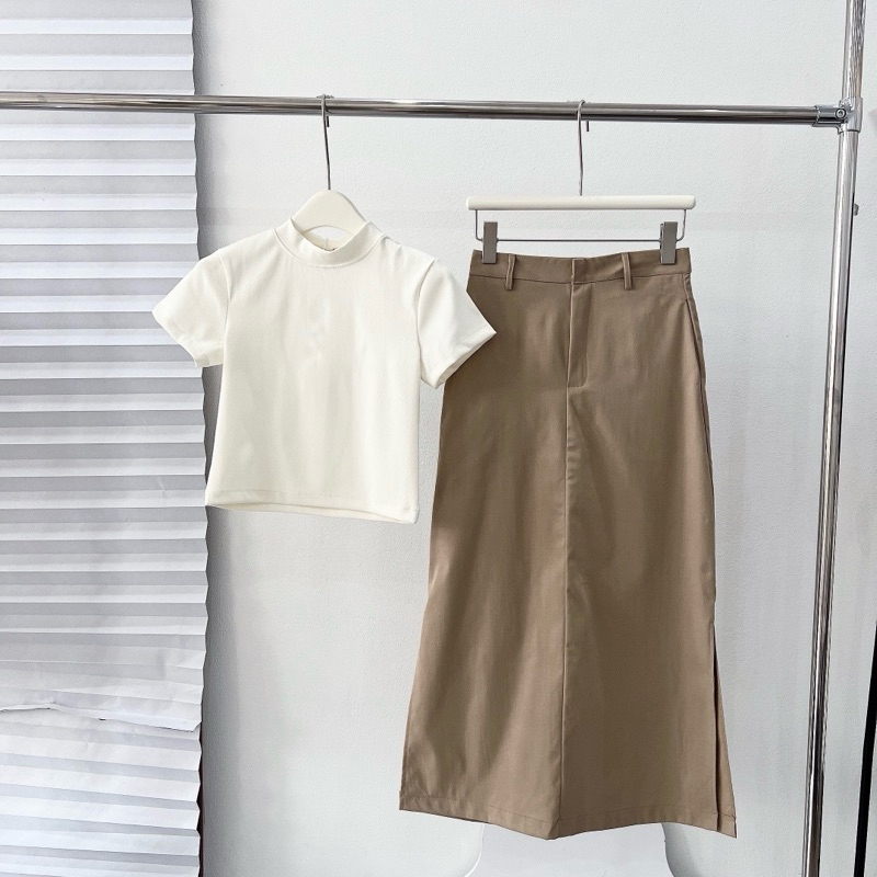 [S2.782] Set Áo Phông Cotton Mix Chân Váy Thô Kaki Nâu Dáng Dài Cá Tính | BigBuy360 - bigbuy360.vn