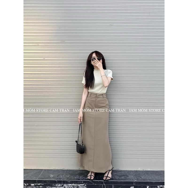 [S2.782] Set Áo Phông Cotton Mix Chân Váy Thô Kaki Nâu Dáng Dài Cá Tính | BigBuy360 - bigbuy360.vn