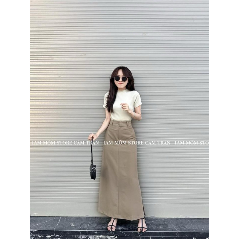 [S2.782] Set Áo Phông Cotton Mix Chân Váy Thô Kaki Nâu Dáng Dài Cá Tính | BigBuy360 - bigbuy360.vn