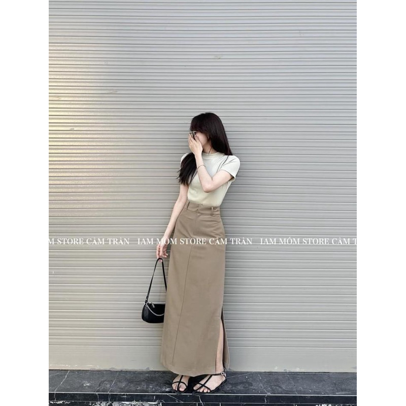 [S2.782] Set Áo Phông Cotton Mix Chân Váy Thô Kaki Nâu Dáng Dài Cá Tính | BigBuy360 - bigbuy360.vn
