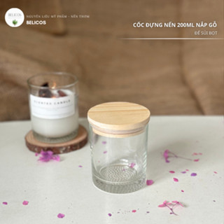 Cốc đựng nến thuỷ tinh nắp gỗ 200ml - Đáy sủi bọt Vintage - Ly cốc làm nến thơm handmade