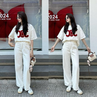 Quần jeans nữ ống suông trơn màu trắng - 247store