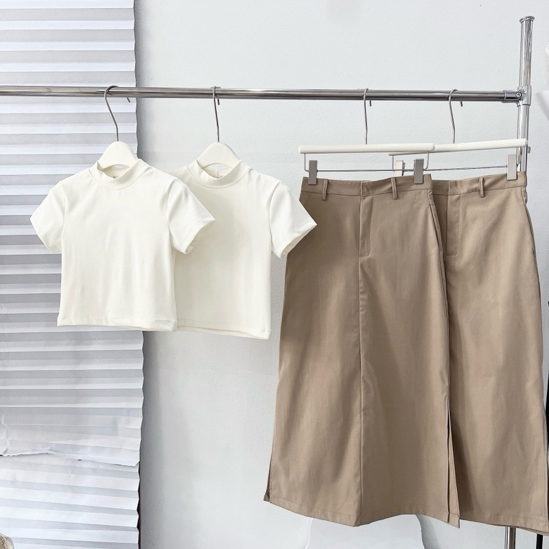[S2.782] Set Áo Phông Cotton Mix Chân Váy Thô Kaki Nâu Dáng Dài Cá Tính | BigBuy360 - bigbuy360.vn