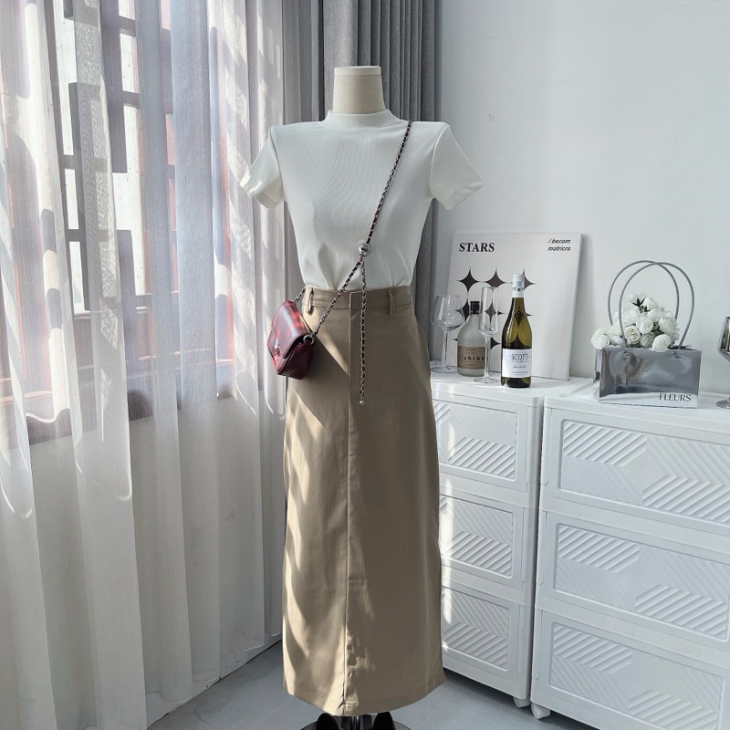 [S2.782] Set Áo Phông Cotton Mix Chân Váy Thô Kaki Nâu Dáng Dài Cá Tính | BigBuy360 - bigbuy360.vn
