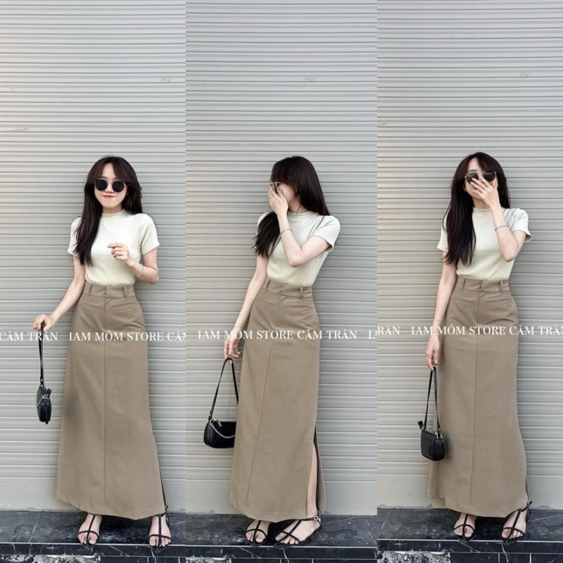 [S2.782] Set Áo Phông Cotton Mix Chân Váy Thô Kaki Nâu Dáng Dài Cá Tính | BigBuy360 - bigbuy360.vn