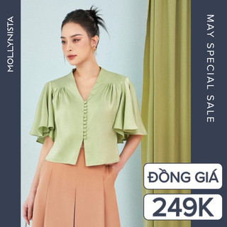 MOLLYNISTA (CHÍNH HÃNG) Áo thiết kế Vivian lụa tay loa nút bọc tiểu thư nữ tính cao cấp đi chơi đi tiệc