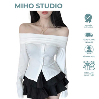 Áo trễ vai tăm thái đính khuy, tay xoè Miho Studio