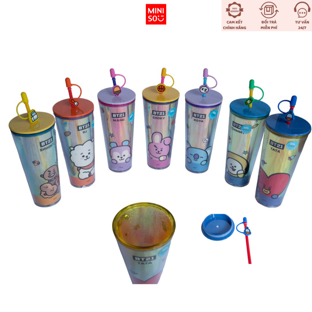 Ly nhựa 2 lớp cao cấp BT21 Collection chính hãng Miniso Tặng kèm ống hút