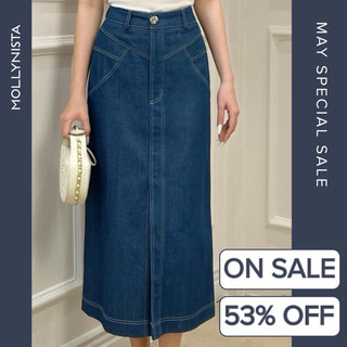 MOLLYNISTA (CHÍNH HÃNG) Váy thiết kế jeans xẻ giữa nút bạc cao cấp thanh lịch nữ tính form ôm tôn dáng