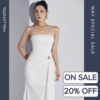 MOLLYNISTA (CHÍNH HÃNG) Đầm thiết kế 2 dây tùng xếp ly ôm đính nút quyến rũ thanh lịch nữ tính cao cấp đi chơi đi tiệc