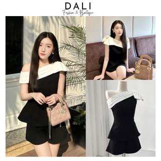Set Bộ Thiết Kế Xếp Ly Lệch Vai Phối Trắng Gắn Nơ + Quần Short Dáng Tiểu Thư