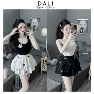 Set Bộ Áo Dây Bản To Tặng Kèm Gấu + Chân Váy Xoè 2 Tầng Đính Nơ Cute Bánh Bèo