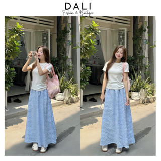 Set Áo Thun Babytee + Chân Váy Kẻ Xanh Dáng Dài Phong Cách Vintage Tiểu Thư Nhẹ Nhàng