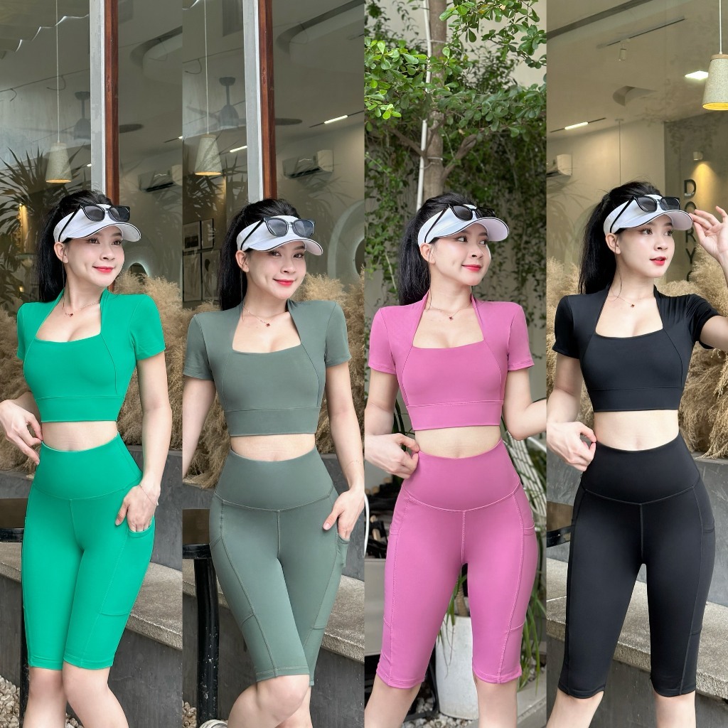 Bộ Tập Gym Nữ, Quần Áo Tập Gym Yoga Aerobic Nữ Áo Croptop Kết Hợp Quần Ngố Legging Cạp Cao Có Túi skyless.store