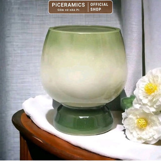 Bình hoa dáng ly tròn xanh ngọc gốm Bát Tràng, cao 22cm miệng 13cm phình 15cm