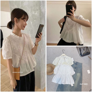 Áo sơ mi thô babydoll dáng ngắn thêu hoa ngực