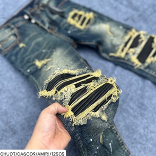 Quần Bò Nam A.Mi.Ri Màu Xanh Rêu Vá Da Tua Vàng 4 Cúc, Quần jean học sinh ống côn nam A_mi_ri xanh đậm vảy sơn đẹp
