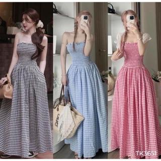 Đầm maxi caro nhún thun thời trang dạo phố du lịch