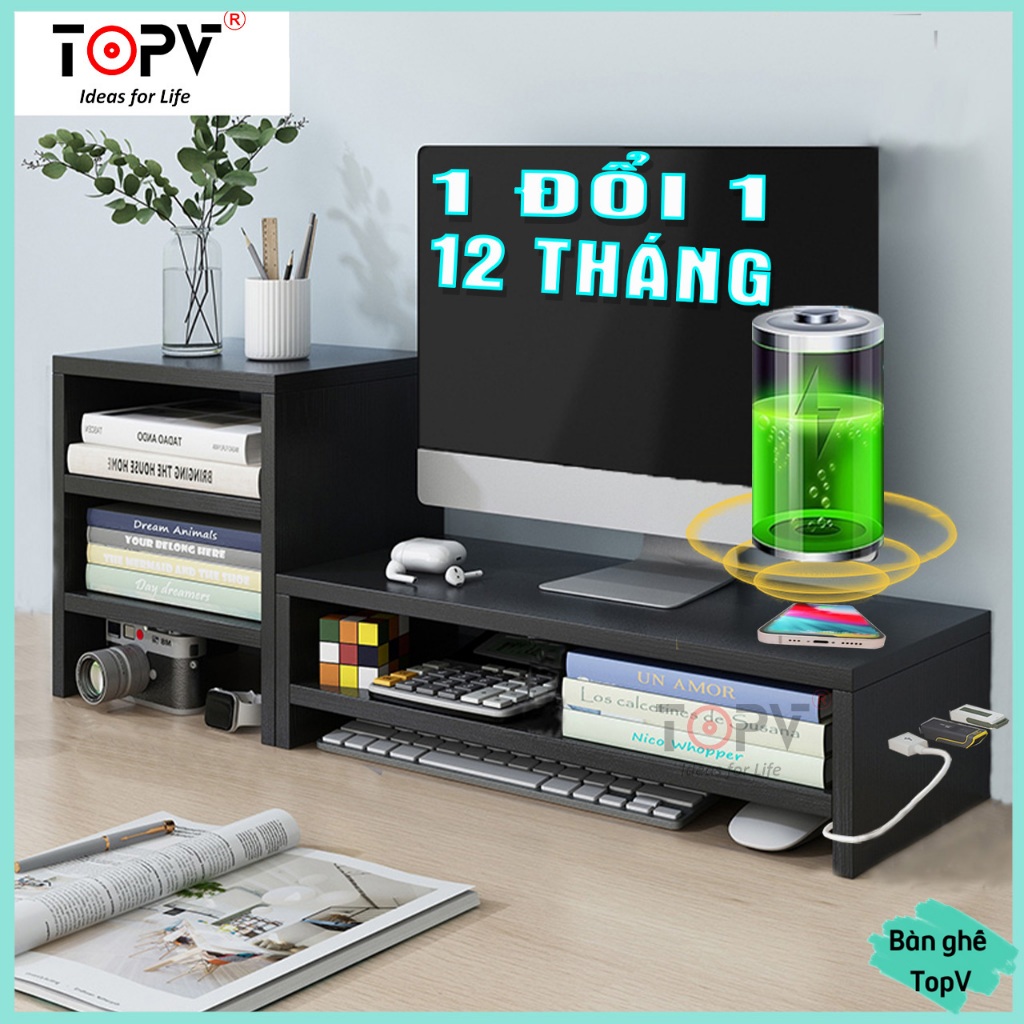 Kệ để máy tính kệ màn hình để bàn kệ sách giá đỡ laptop gỗ nâng PC 2 tầng trắng kê bàn học vi tính