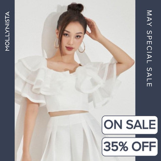 MOLLYNISTA (CHÍNH HÃNG) Áo thiết kế kiểu Oria organza 2 tầng bèo quyến rũ nữ tính cao cấp đi chơi đi tiệc gợi cảm