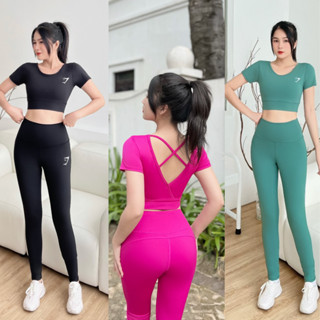 Đồ tập gym yoga nữ cộc tay 2 dây chéo lưng bộ tập gym nữ quần dài áo croptop cộc tay chất dày mịn cao cấp Skyles(BD011)