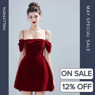 MOLLYNISTA (CHÍNH HÃNG) Đầm thiết kế đỏ nhung 2 dây trễ vai tùng chuông quyến rũ nữ tính cao cấp đi chơi đi tiệc tôn dá