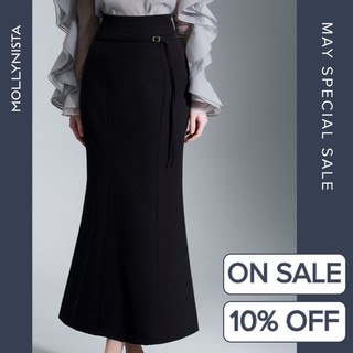 MOLLYNISTA (CHÍNH HÃNG) Váy thiết kế đen dáng dài midi kèm belt thanh lịch nữ tính cao cấp form ôm tôn dáng