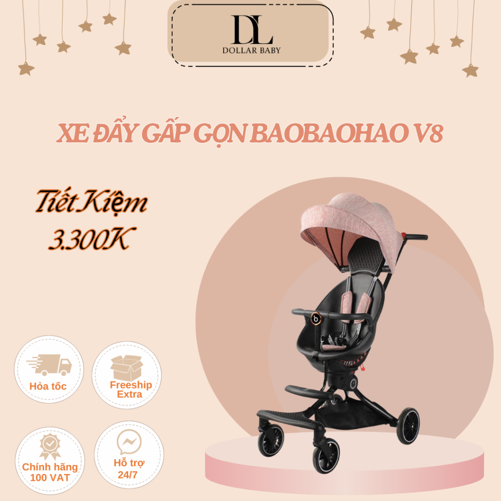 *DollarBaby* Xe đẩy V8 đảo chiều cao cấp 2 tư thế Baobaohao màu hồng xinh xắn cho bé gái