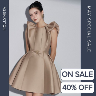 MOLLYNISTA (CHÍNH HÃNG) Đầm thiết kế nâu taffeta tay nhún phồng cánh tiên thanh lịch nữ tính cao cấp quyến rũ tôn dáng