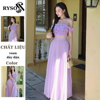 Set Áo Trễ Vai Hở Lưng Chân Váy Dập Ly Xòe Dáng Dài ,Set đầm dài màu tím chân váy dập ly dáng dài đi biển RYSO FASHION
