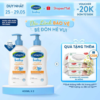 Combo 2 Sữa tắm gội dịu lành Cetaphil Baby Wash & Shampoo with Organic Calendula 400ml/chai
