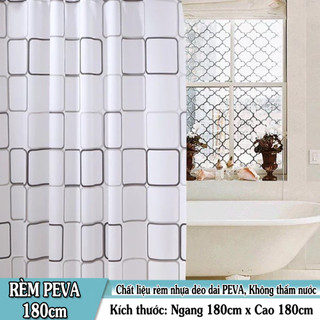 Rèm phòng tắm / Rèm cửa sổ trắng họa tiết Ô Vuông đen lớn 180cm x 180cm Loại 1