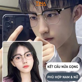  Mắt kính nam nữ thời trang TINA gọng kính cận nửa viền kim loại cao cấp 0 độ chống ánh sáng xanh và tia UV K143 
