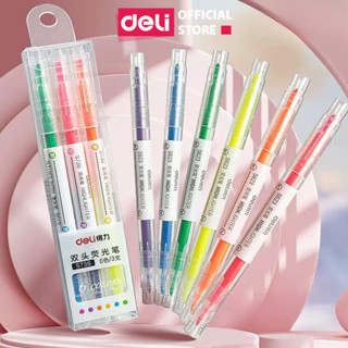 Bộ bút highlight đánh dấu dòng, bút nhớ hai đầu dạ quang Deli nhiều màu tiện dụng cho học sinh văn phòng trang trí sổ