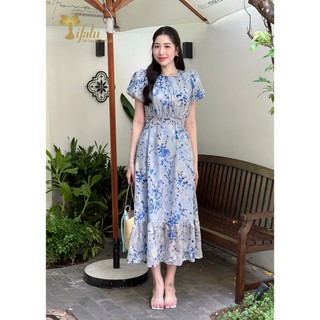 Tifalu - đầm voan tơ hoa dáng dài maxi tay phồng màu xanh - tfl741blue