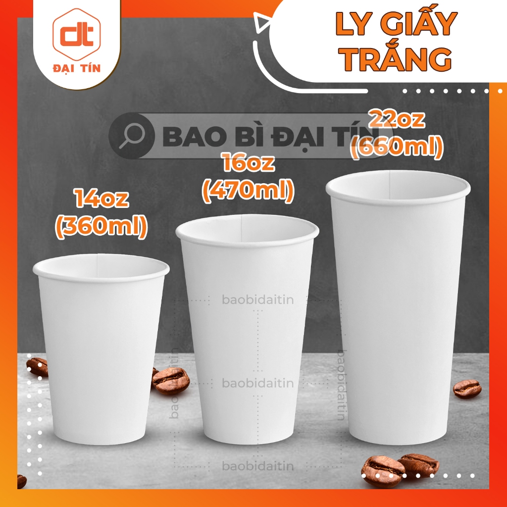SET 50 LY/CỐC GIẤY TRẮNG cao cấp 360ml, 470ml, 650ml KÈM NẮP phi 90, ly cafe nóng&lạnh, trà sữa...