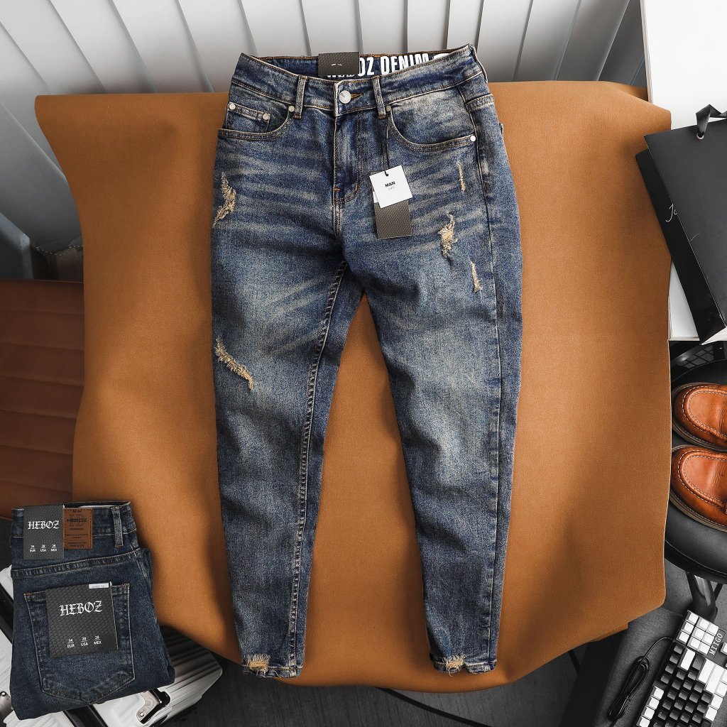 Quần jean slim rách 059 Heboz,chất denim mềm co giãn tốt form slim fit vừa vặn thoải mái - 00001764